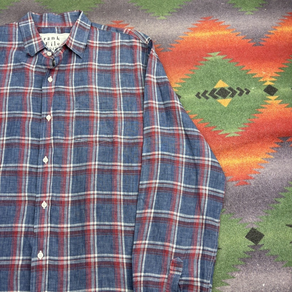 Frank & Eileen Shirt Mens Medium Blue Plaid Luke Linen Long Sleeve Button Up USA - Picture 4 of 12